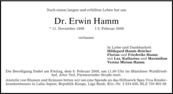 Todesanzeige von Erwin Hamm von DORFENER NACHRICHTEN