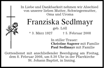 Todesanzeige von Franziska Sedlmayr von MERKUR & TZ