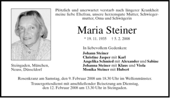 Todesanzeige von Maria Steiner von MERKUR & TZ