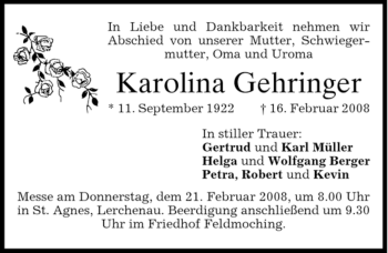 Todesanzeige von Karolina Gehringer von DORFENER NACHRICHTEN