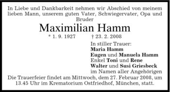 Todesanzeige von Maximilian Hamm von DORFENER NACHRICHTEN