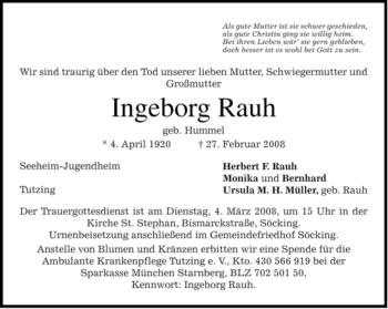 Todesanzeige von Ingeborg Rauh von MERKUR & TZ