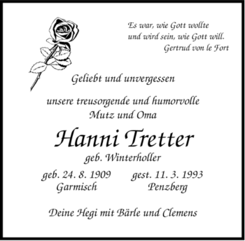 Todesanzeige von Hanni Tretter von MERKUR & TZ
