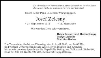 Todesanzeige von Josef Bartl von DORFENER NACHRICHTEN