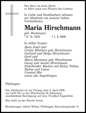 Todesanzeige von Maria Hirschmann von MERKUR & TZ
