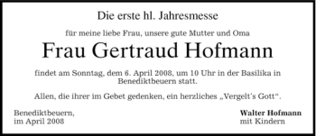 Todesanzeige von Gertraud Hofmann von MERKUR & TZ