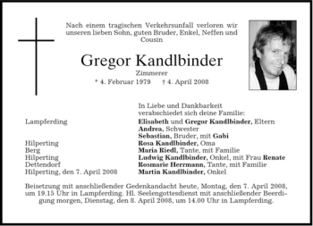 Todesanzeige von Gregor Kandlbinder von GARMISCH-PARTENK. TAGBLATT