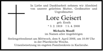 Todesanzeige von Lore Geisert von HOLZKIRCHENER MERKUR