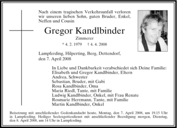 Todesanzeige von Gregor Kandlbinder von MERKUR & TZ
