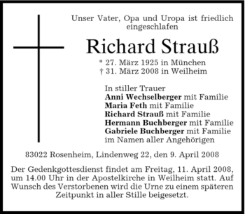 Todesanzeige von Richard Strauß von MERKUR & TZ