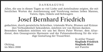 Todesanzeige von Josef Bernhard Friedrich von MERKUR & TZ