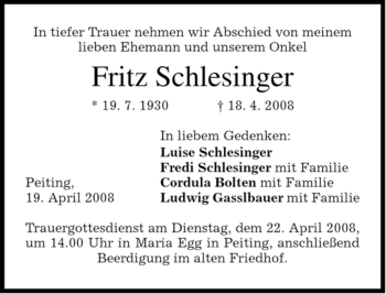Todesanzeige von Jakob Probst von MERKUR & TZ