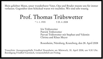 Todesanzeige von Thomas Trübswetter von MERKUR & TZ