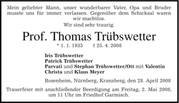 Todesanzeige von Thomas Trübswetter von MERKUR & TZ