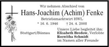 Todesanzeige von Hans-Joachim Fenke von DORFENER NACHRICHTEN