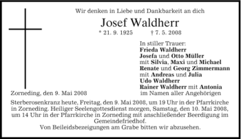 Todesanzeige von Josef Waldherr von GARMISCH-PARTENK. TAGBLATT
