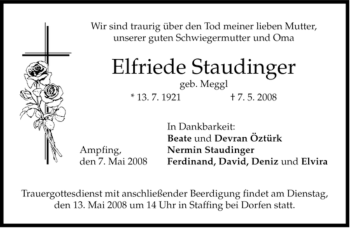 Todesanzeige von Elfriede Staudinger von MERKUR & TZ