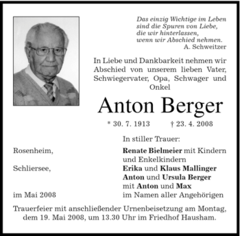 Todesanzeige von Anton Berger von MERKUR & TZ
