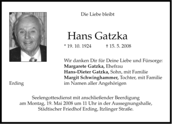 Todesanzeige von Hans Gatzka von MERKUR & TZ
