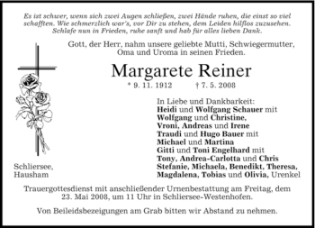 Todesanzeige von Margarete Reiner von MERKUR & TZ