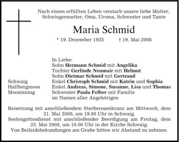 Todesanzeige von Maria Schmid von MERKUR & TZ