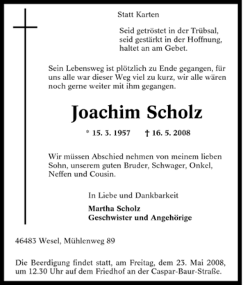 Todesanzeige von Joachim Scholz von MERKUR & TZ