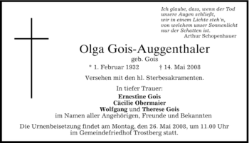 Todesanzeige von Olga Gois-Auggenthaler von MERKUR & TZ