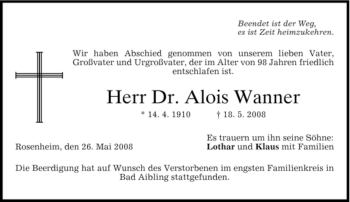 Todesanzeige von Alois Wanner von DORFENER NACHRICHTEN