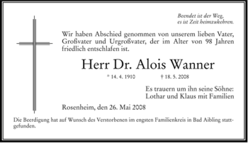 Todesanzeige von Alois Wanner von MERKUR & TZ