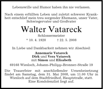 Todesanzeige von Walter Vatareck von MERKUR & TZ