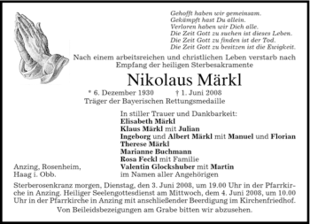 Todesanzeige von Nikolaus Märkl von DORFENER NACHRICHTEN