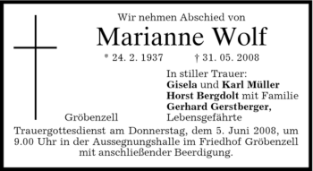 Todesanzeige von Marianne Wolf von MERKUR & TZ