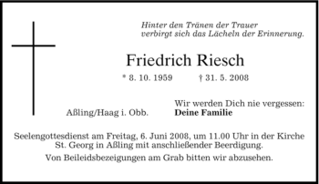 Todesanzeige von Friedrich Riesch von GARMISCH-PARTENK. TAGBLATT
