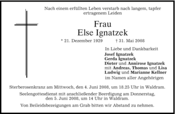 Todesanzeige von Else Ignatzek von MERKUR & TZ