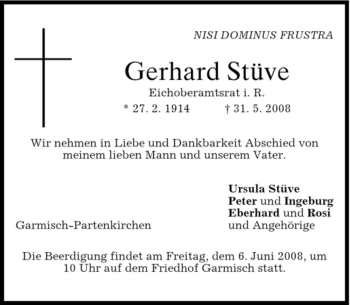 Todesanzeige von Gerhard Stüve von MERKUR & TZ