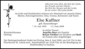 Todesanzeige von Else Kuffner von HOLZKIRCHENER MERKUR