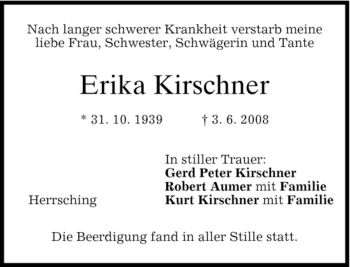 Todesanzeige von Erika Kirschner von MERKUR & TZ
