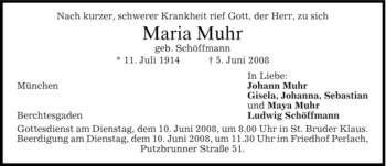 Todesanzeige von Maria Muhr von DORFENER NACHRICHTEN