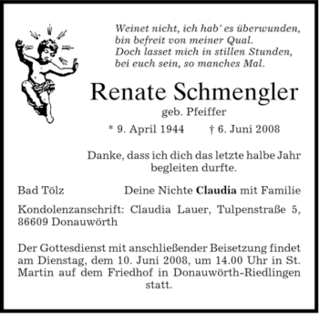 Todesanzeige von Renate Schmengler von MERKUR & TZ