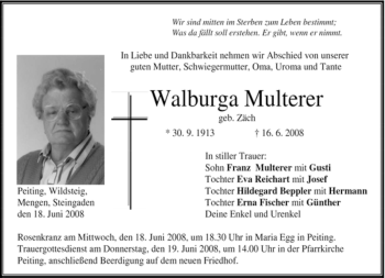 Todesanzeige von Walburga Multerer von MERKUR & TZ