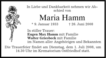 Todesanzeige von Maria Hamm von DORFENER NACHRICHTEN