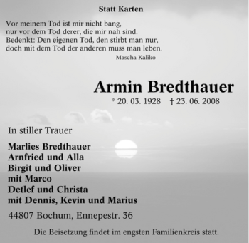Todesanzeige von Armin Bredthauer von MERKUR & TZ