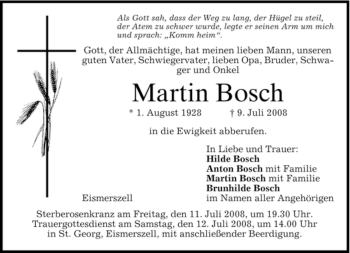 Todesanzeige von Martin Bosch von MERKUR & TZ