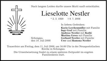Todesanzeige von Lieselotte Nestler von MERKUR & TZ