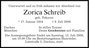 Todesanzeige von Zorica Schreib von HOLZKIRCHENER MERKUR