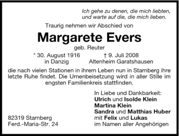 Todesanzeige von Margarete Evers von MERKUR & TZ