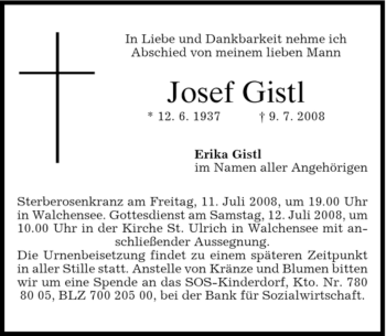 Todesanzeige von Josef Gistl von MERKUR & TZ