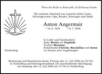Todesanzeige von Anton Angermair von MERKUR & TZ
