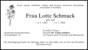 Todesanzeige von Lotte Schmuck von MERKUR & TZ