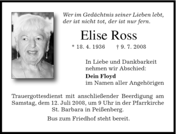 Todesanzeige von Elise Ross von MERKUR & TZ